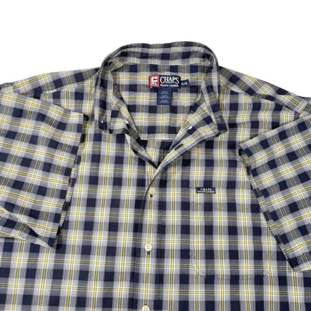 Chaps XL‎ Navy Blue Yellow Plaid Button Down Shirt Short Sleeve Preppy Dadcore